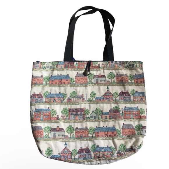 Vintage Handbags - SALE VTG Danny K Beverly Hills Tapestry Tote Bag Whimsical Cottagecore Town USA